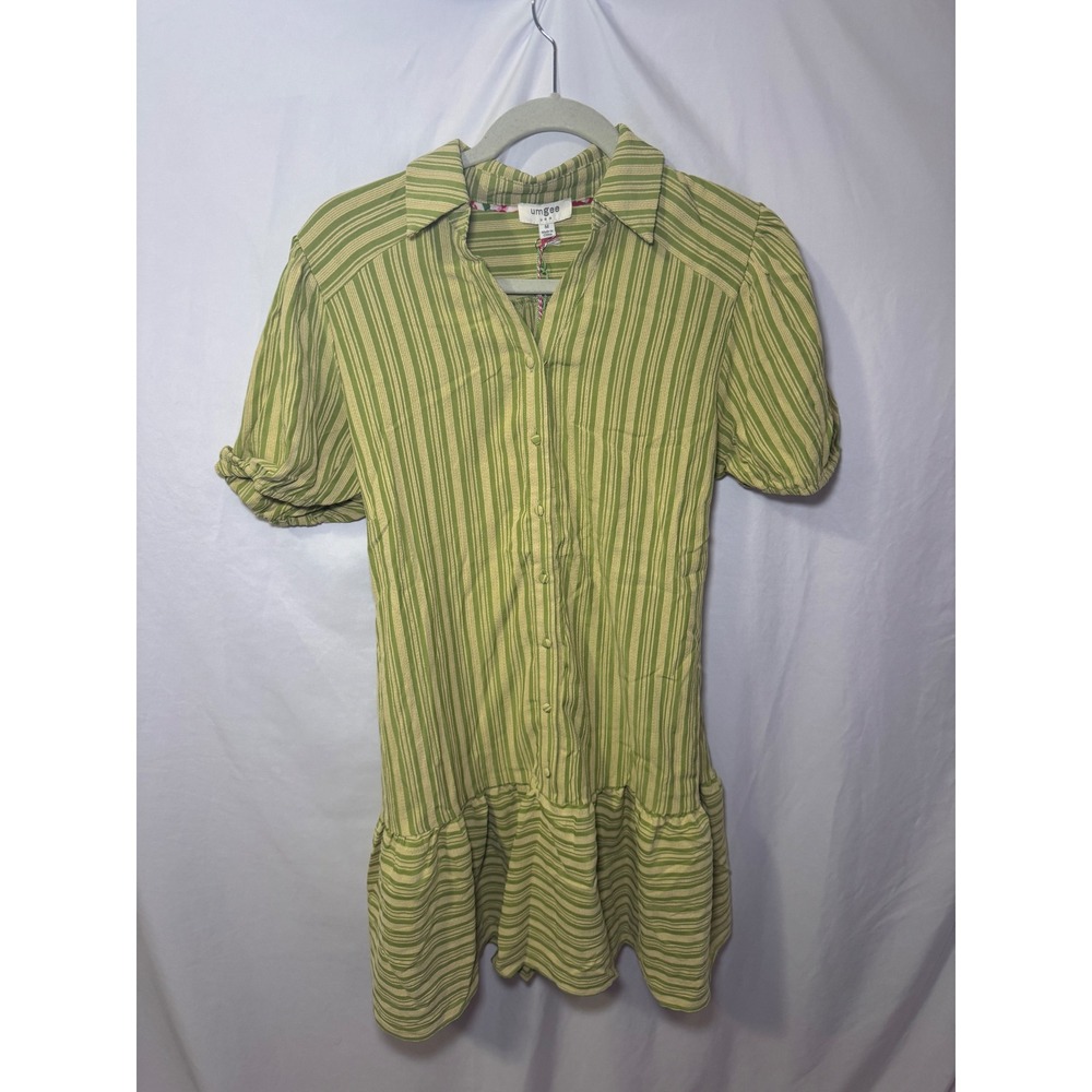 Umgee Green Stripe Babydoll Mini Dress M Cottagecore Boho Drop Waist NWT
